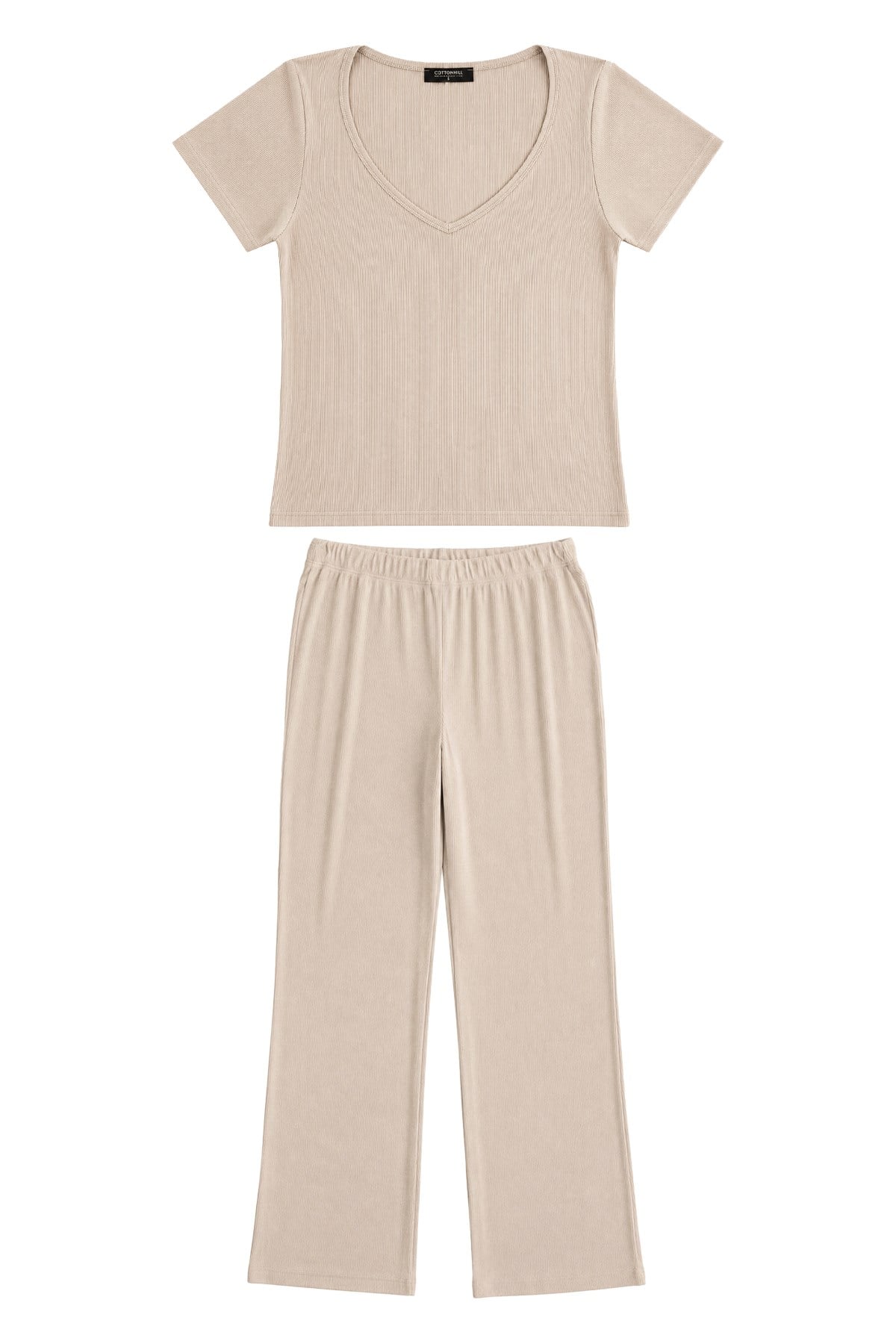 Premium - Neat Collection | Bej Rib Dokulu V Yaka Modal Viskon Bol Paça Kadın Pijama Takımı