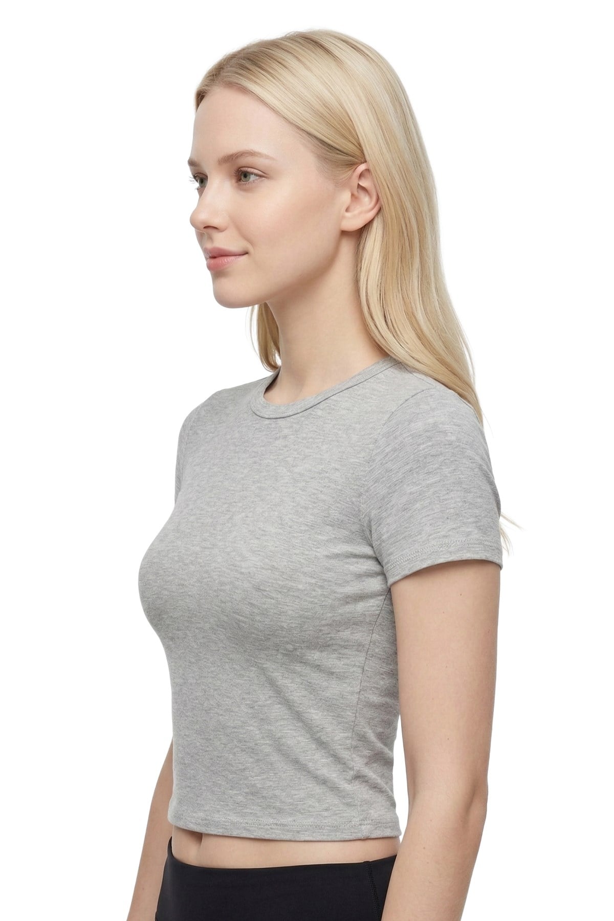 Gri Melanj Viskon Bedene Oturan Bisiklet Yaka Kısa Kollu Kadın Crop Tişört