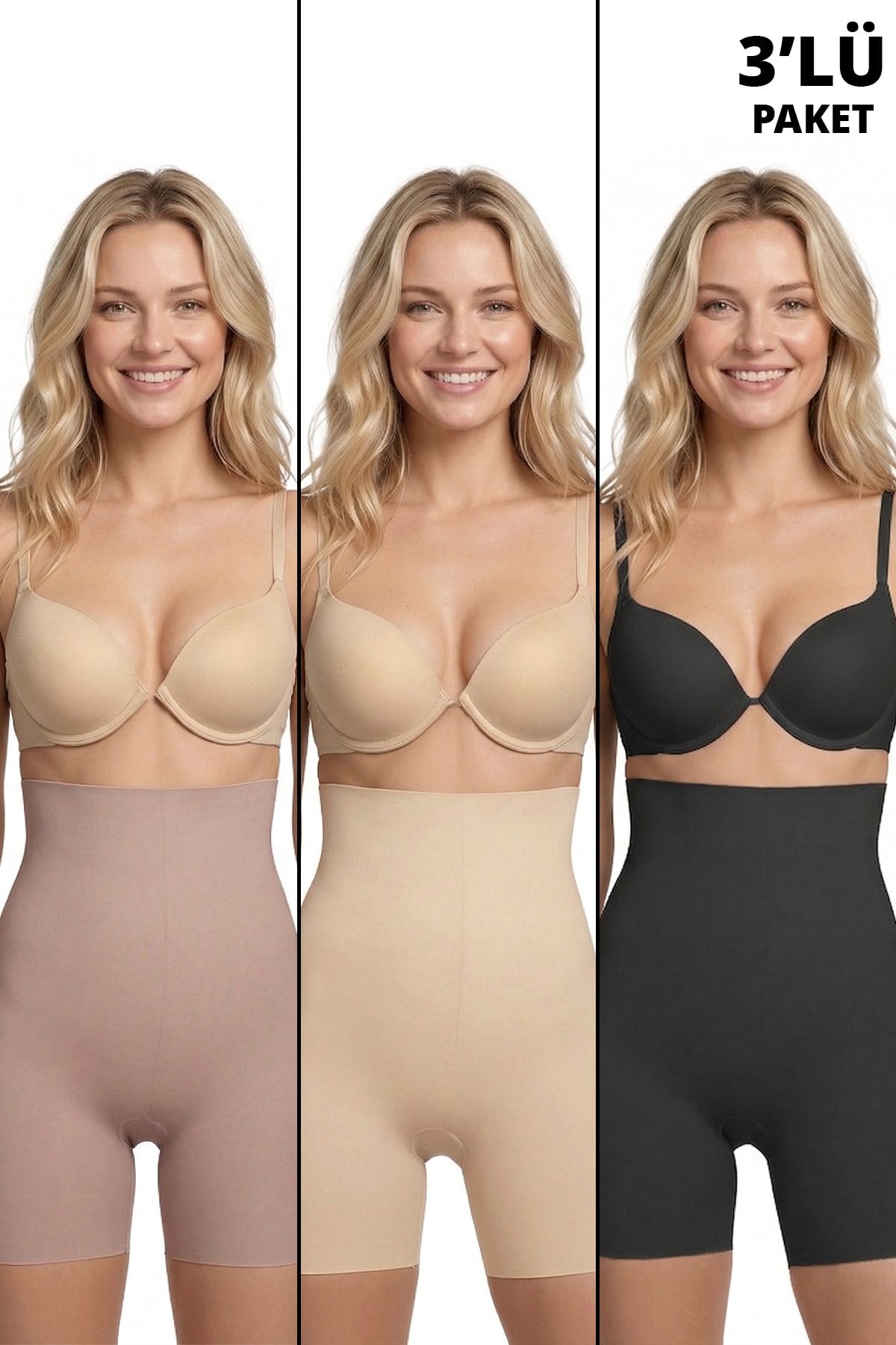 Yüksek Bel Toparlayıcı Lazer Kesim Kadın Korse Siyah-Kahverengi-Ten 3lü Paket