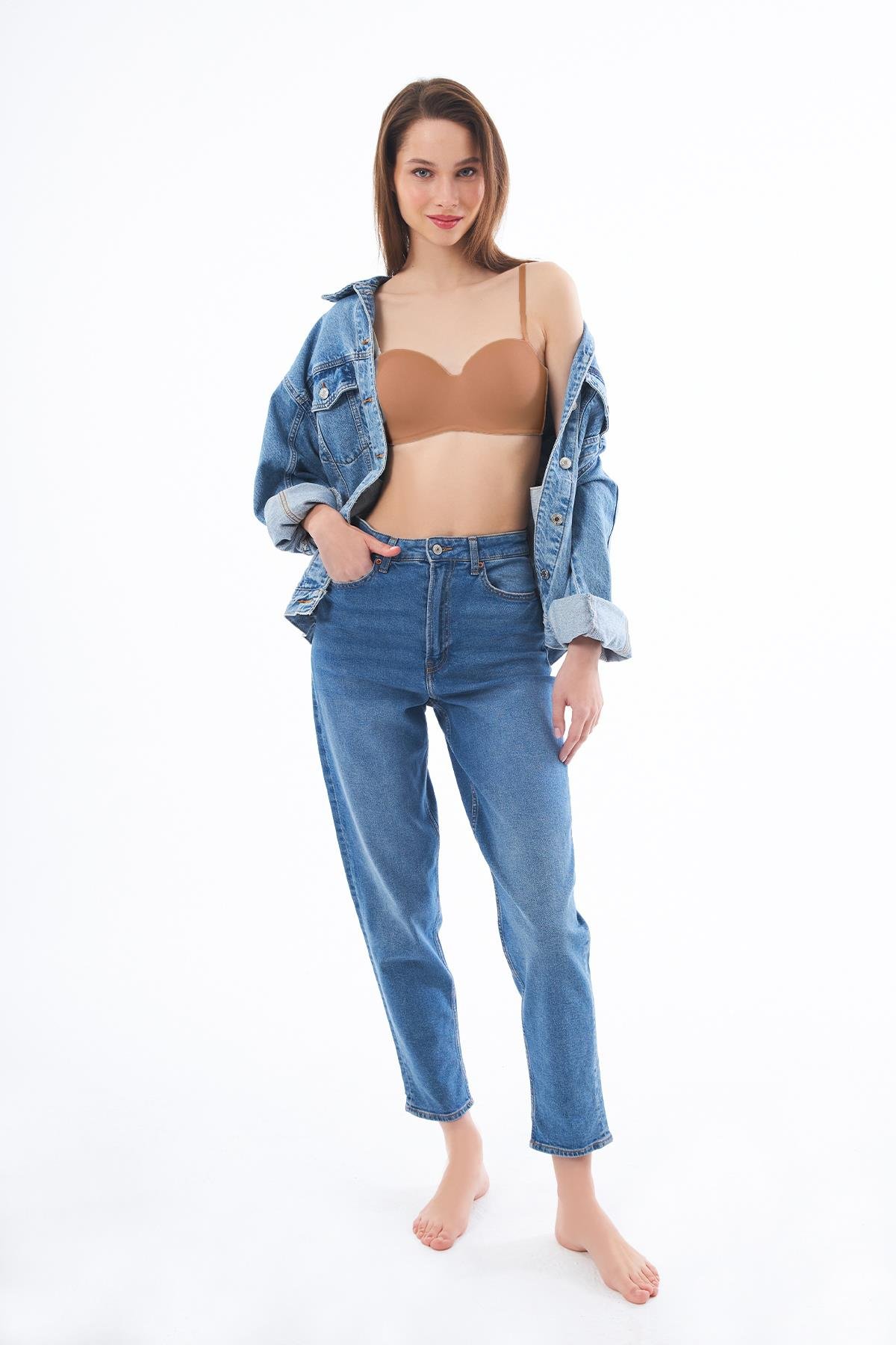 Bej Balenli Toparlayıcı Dolgusuz Straplez Sütyen