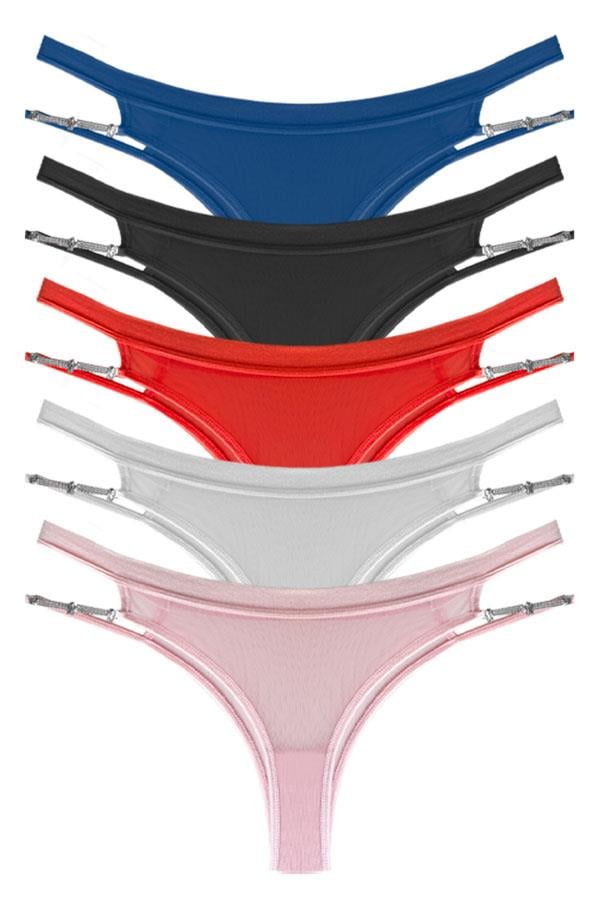 Tül Transparan Taş ve Zincir Detaylı Kadın Brezilya Külot 5li Paket