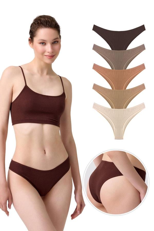 Kadın Pamuklu ve Likralı Fitilli Kaşkorse Brezilya Külot 5li Paket-2