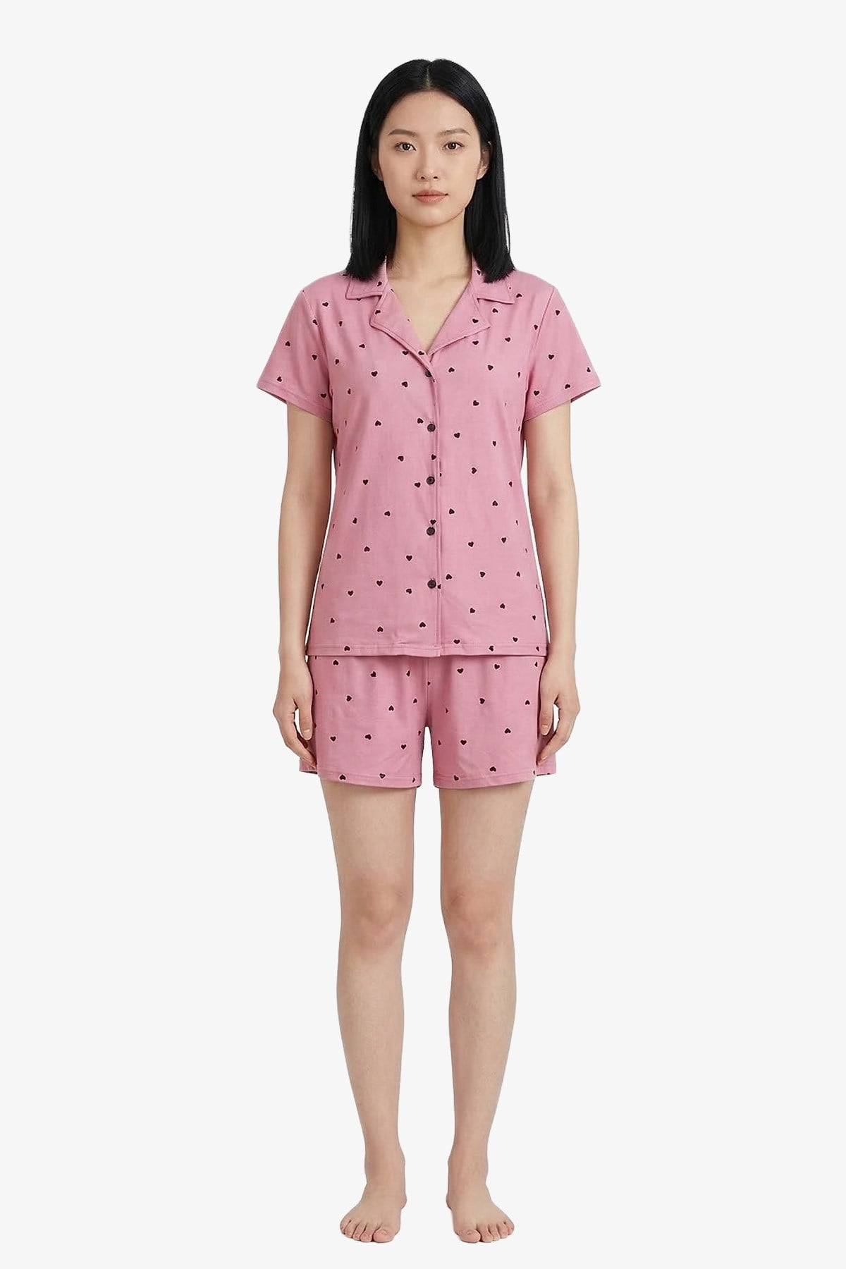 Pembe Kalp Desenli Yumuşak Dokulu Gömlek Yaka Kadın Şortlu Pijama Takımı