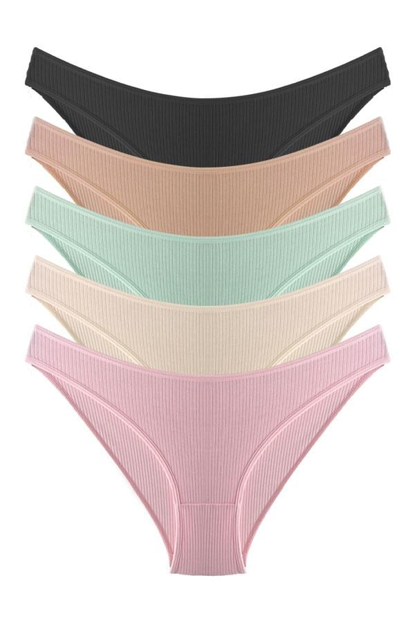 Kadın Pamuklu ve Likralı Fitilli Kaşkorse Bikini Külot 5li Paket
