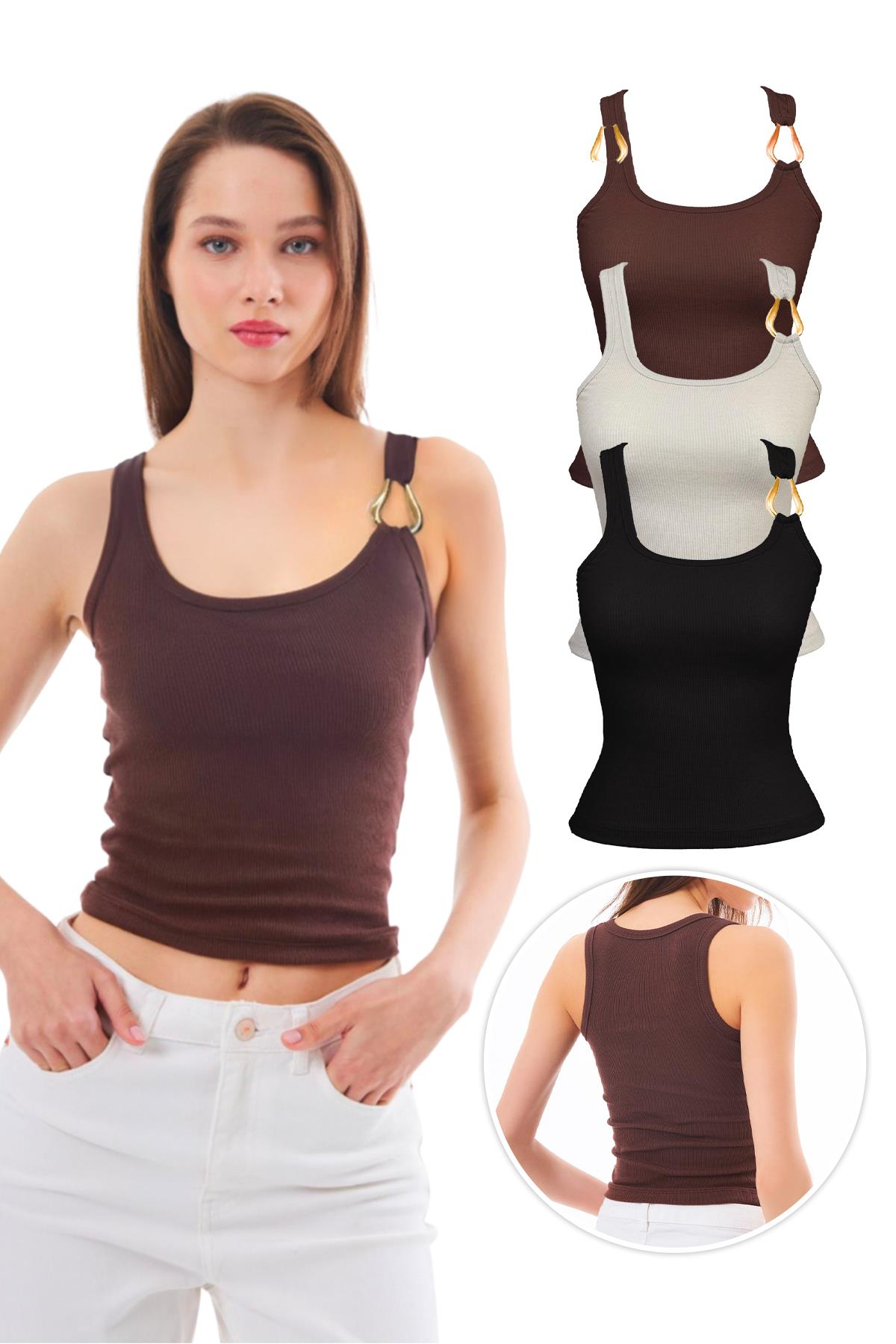 Pamuklu Kalın Askılı Fitilli Toka Detaylı Kadın Atlet 3lü Paket