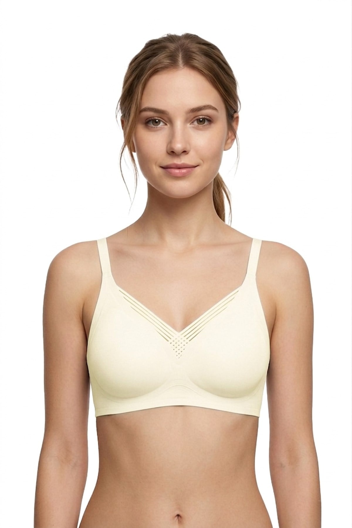 Seamless Bra - Lucent | Krem Lazer Kesim Balensiz Ön Çapraz Şerit Detaylı Kadın Sütyen