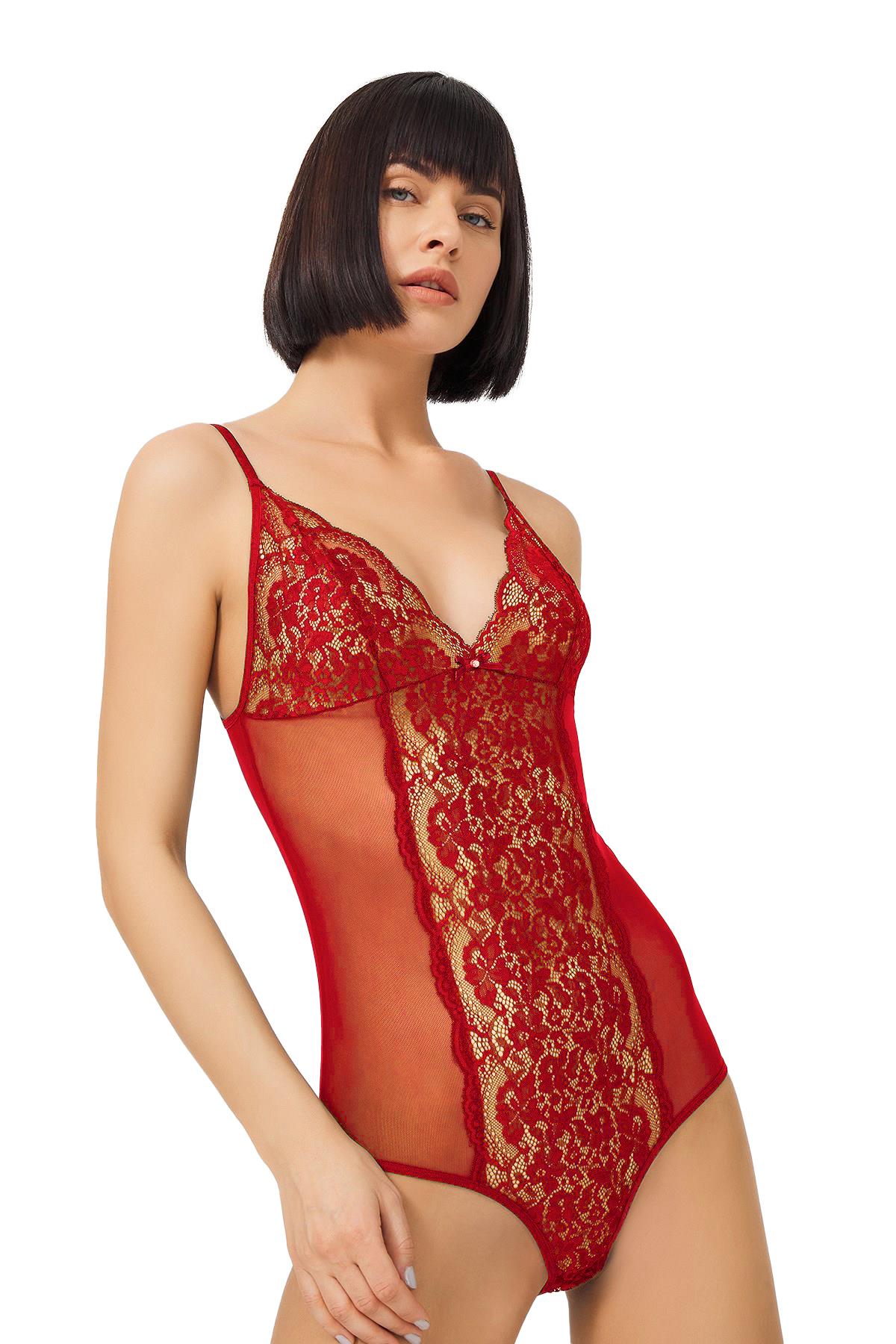 Kırmızı Çıtçıtlı Dantelli Transparan Balensiz Bodysuit