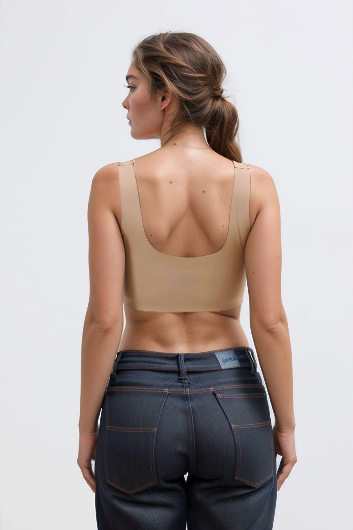 Kahverengi Dikişsiz Lazer Kesim Sütyen Pedli Kadın Hayalet Sütyen Dalga Detaylı