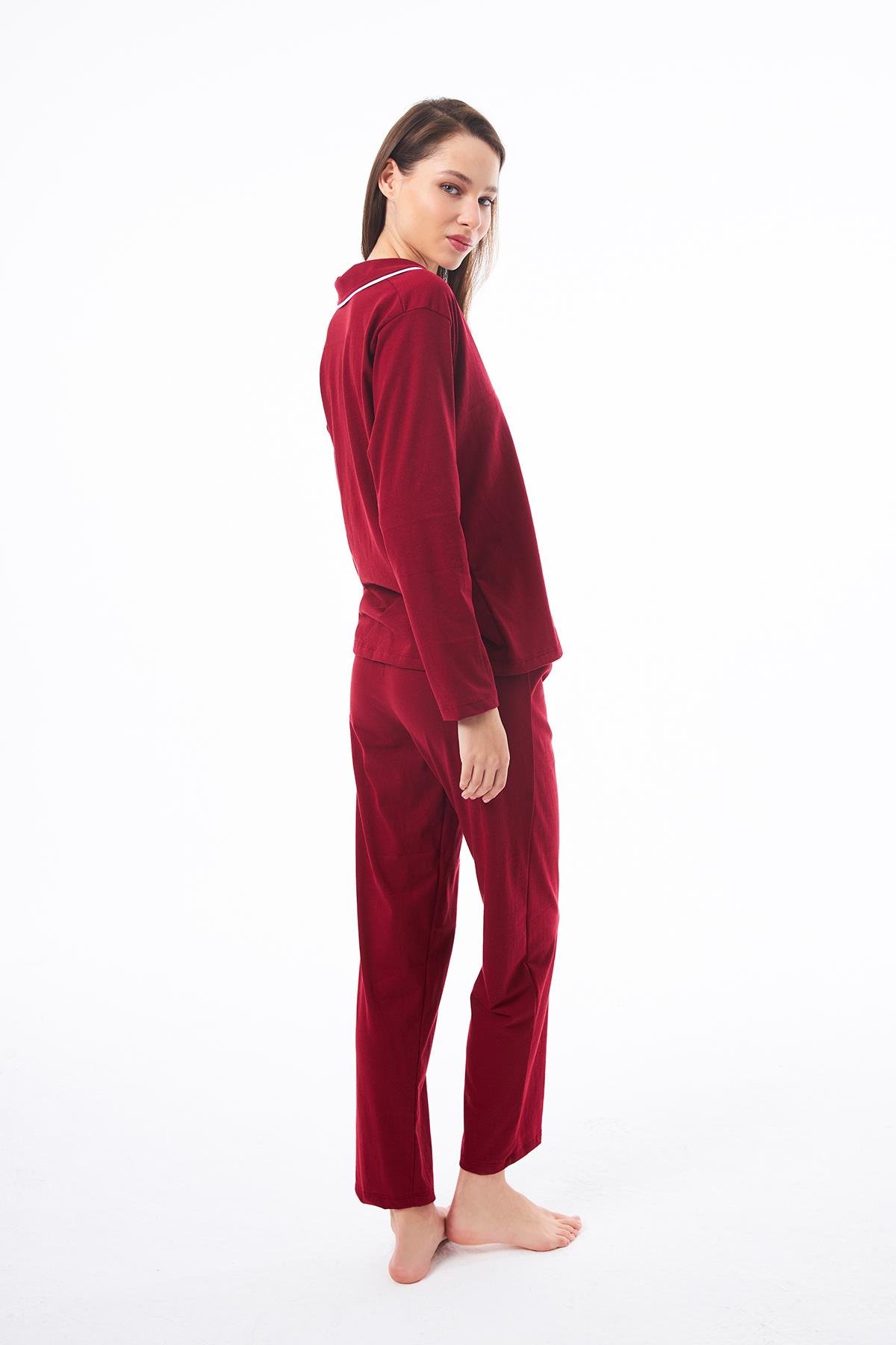 Bordo Önden Düğmeli Pamuklu Kadın Pijama Takımı