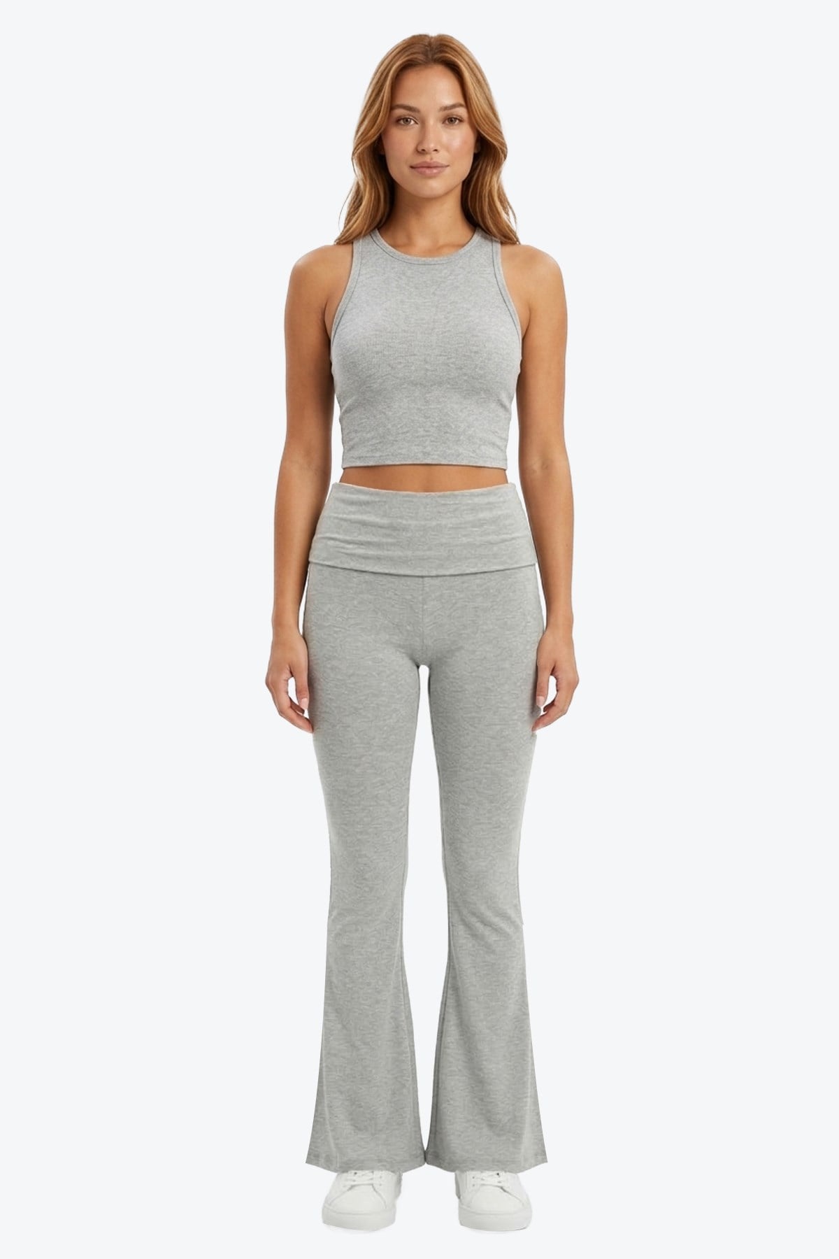 Gri Melanj Viskon Yüksek Bel Kemer Detaylı İspanyol Paça Kadın Pantolon Flared