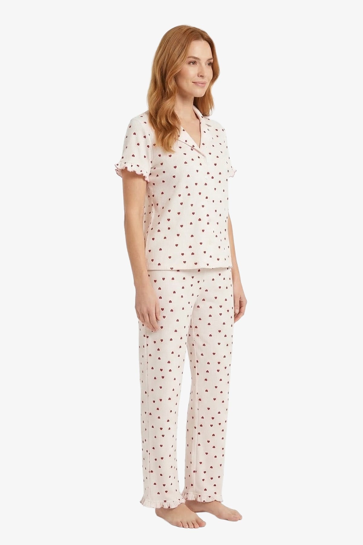 Krem Kalp Desenli Bürümcük Gömlek Yaka Kadın Pijama Takımı