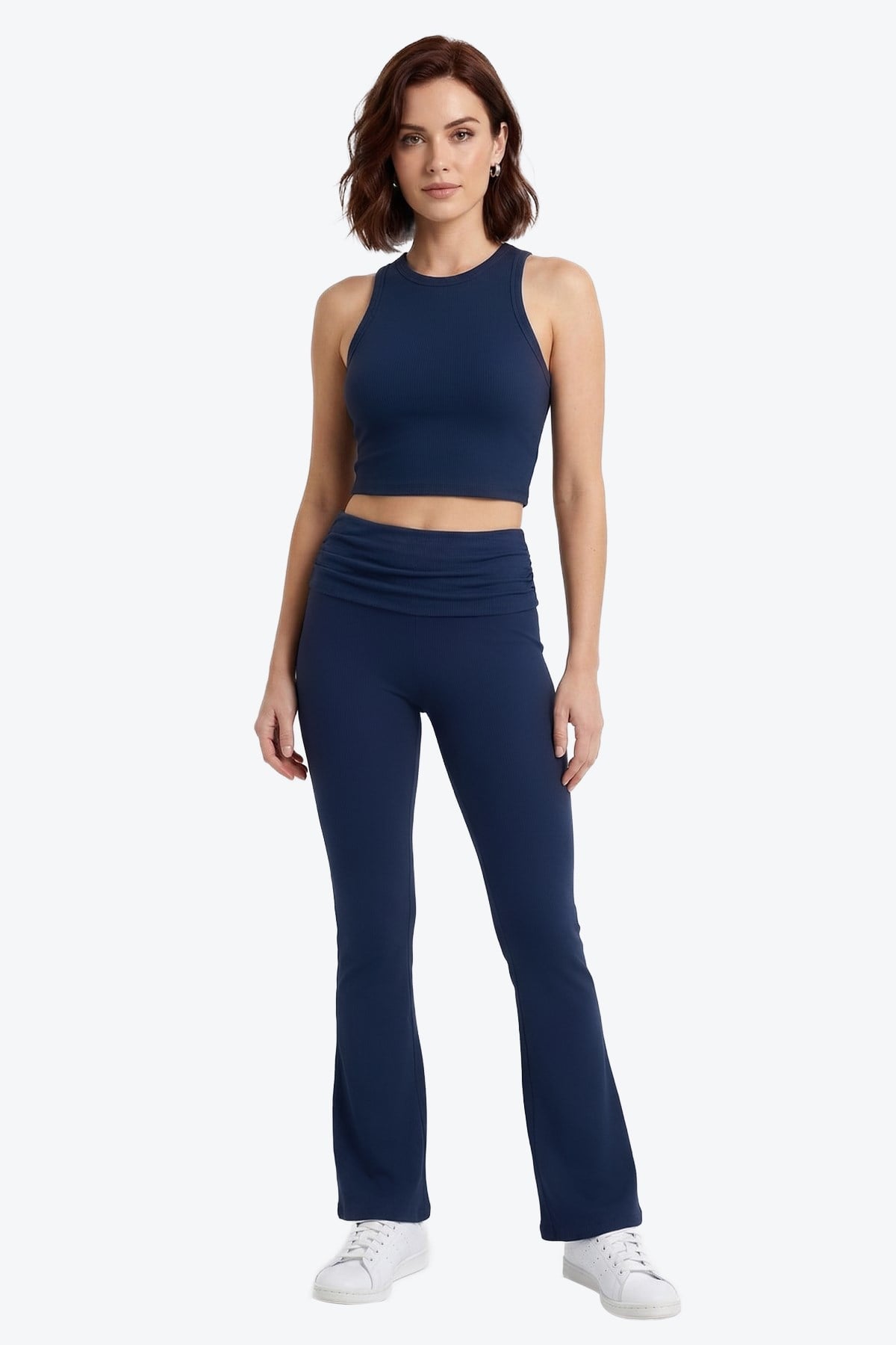 Lacivert Viskon Yüksek Bel Kemer Detaylı İspanyol Paça Kadın Pantolon Flared