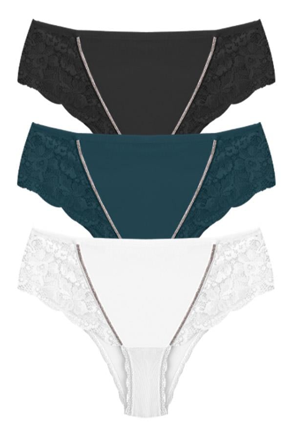 Transparan Tüllü Dantel Detaylı Büyük Beden Kadın Bikini Külot 3lü Paket-2