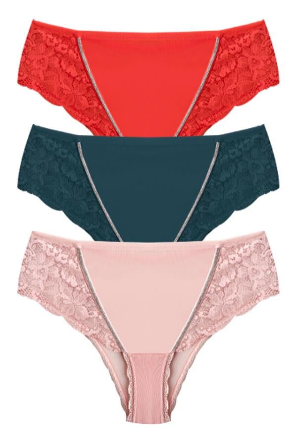 Transparan Tüllü Dantel Detaylı Büyük Beden Kadın Bikini Külot 3lü Paket