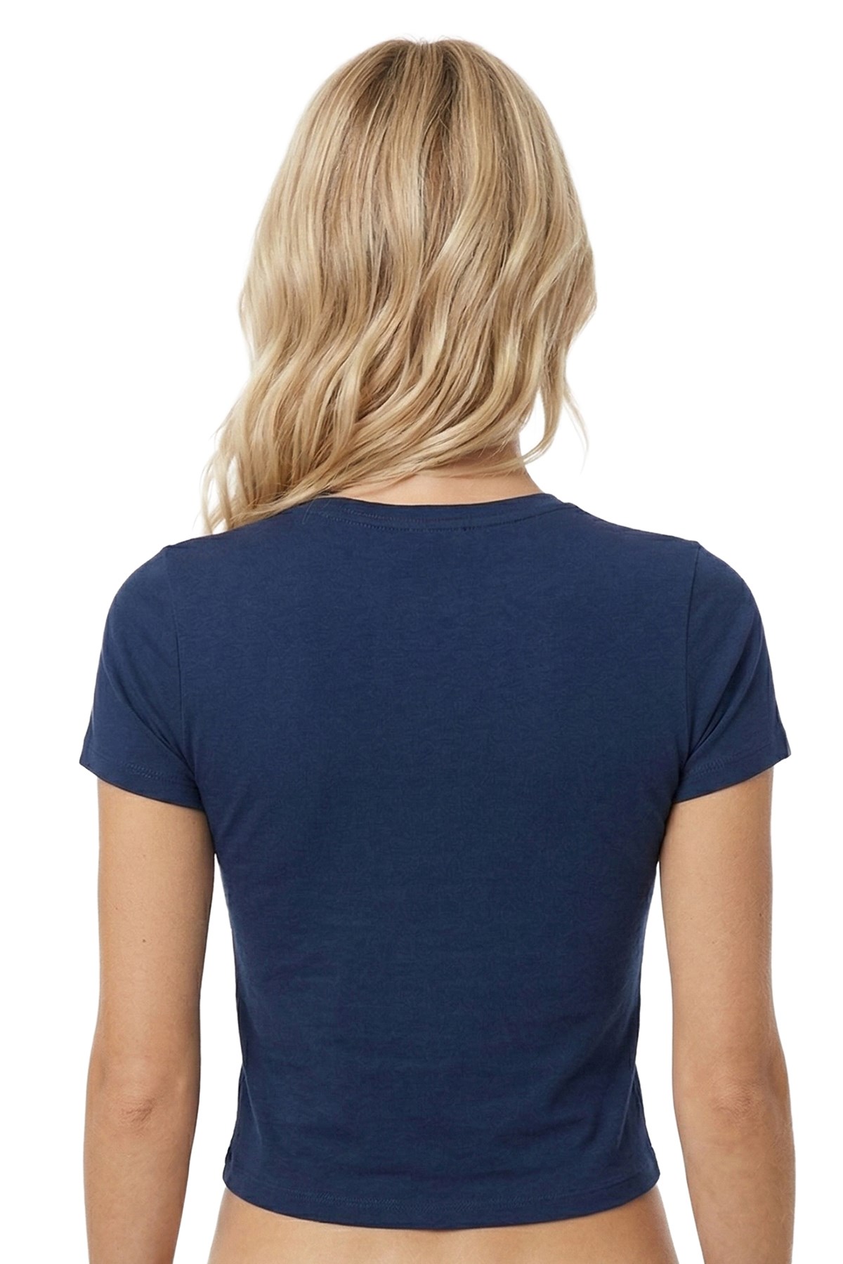 Lacivert Viskon Bedene Oturan Bisiklet Yaka Kısa Kollu Kadın Crop Tişört