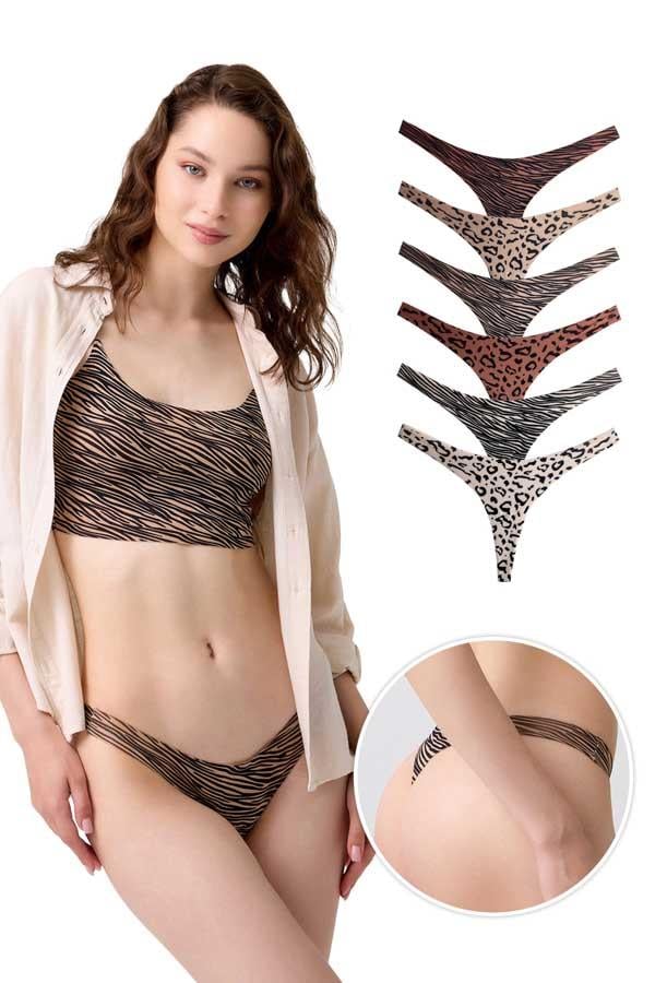 Basic Desenli Lazer Kesim Kadın Tanga Külot 6lı Paket