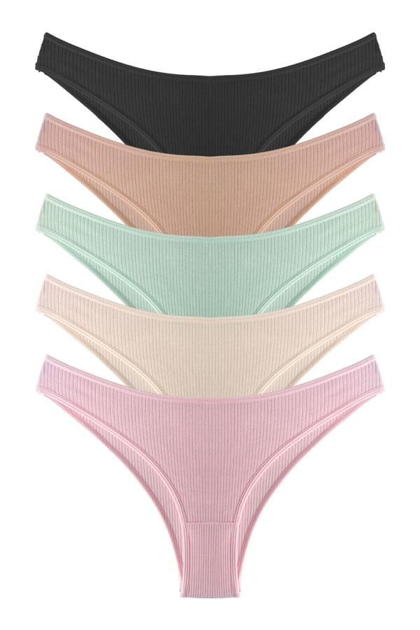 Kadın Pamuklu ve Likralı Fitilli Kaşkorse Brezilya Külot 5li Paket