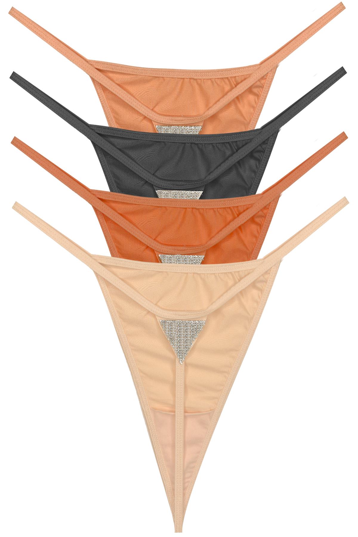 Mikro Saten Ön ve Arka Taş Detaylı Kadın String Külot 4lü Paket