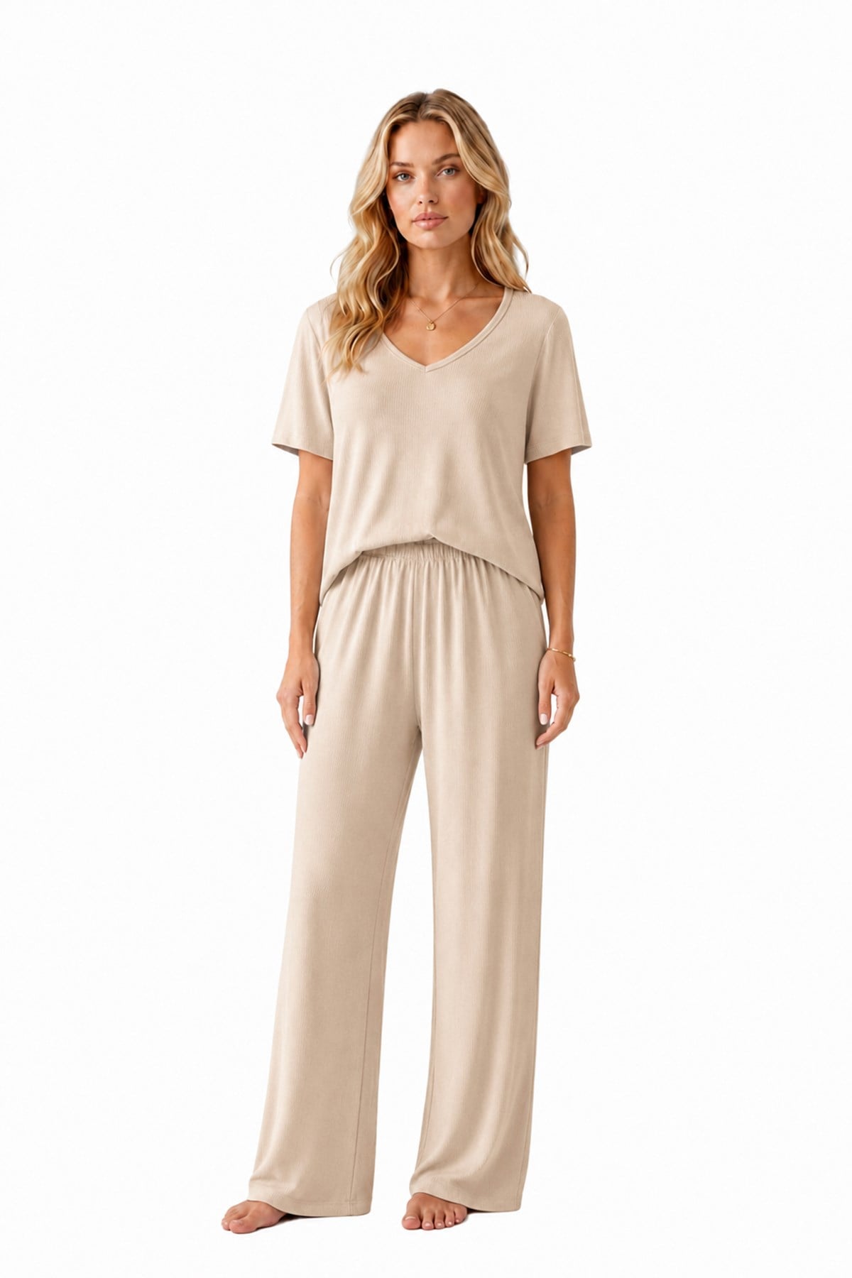 Premium - Neat Collection | Bej Rib Dokulu V Yaka Modal Viskon Bol Paça Kadın Pijama Takımı
