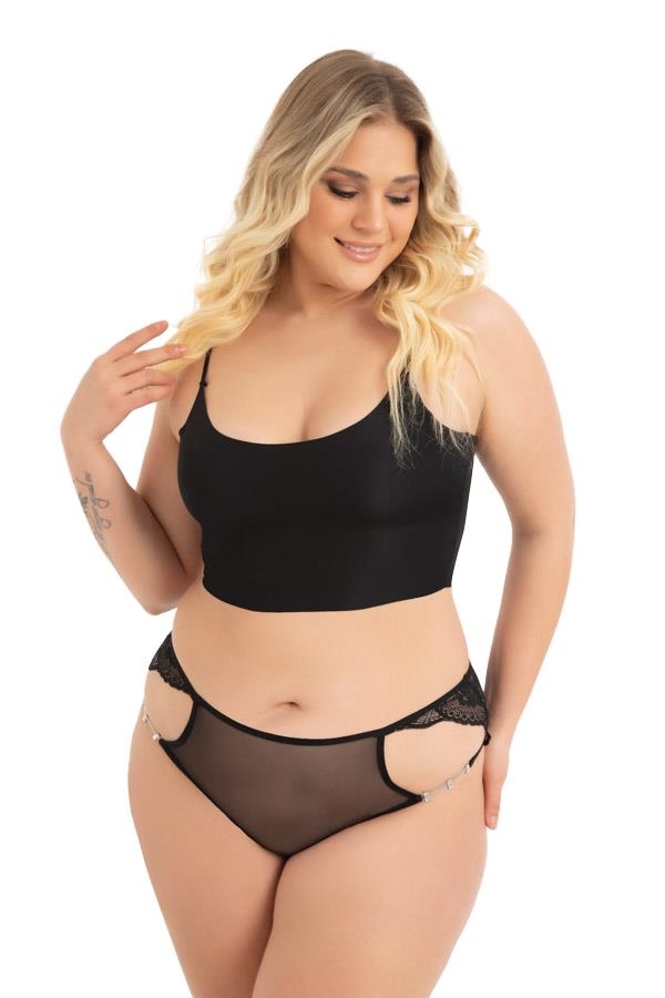 Transparan Tüllü Dantel ve Zincir Detaylı Büyük Beden Kadın Bikini Külot 5li Paket