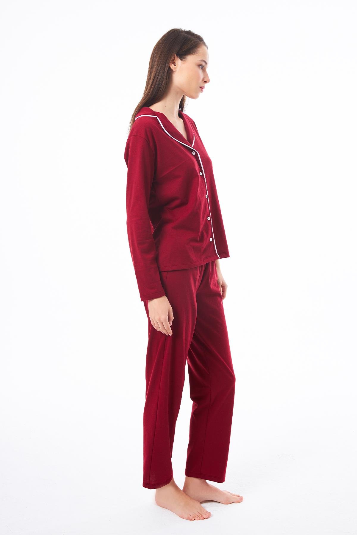 Bordo Önden Düğmeli Pamuklu Kadın Pijama Takımı