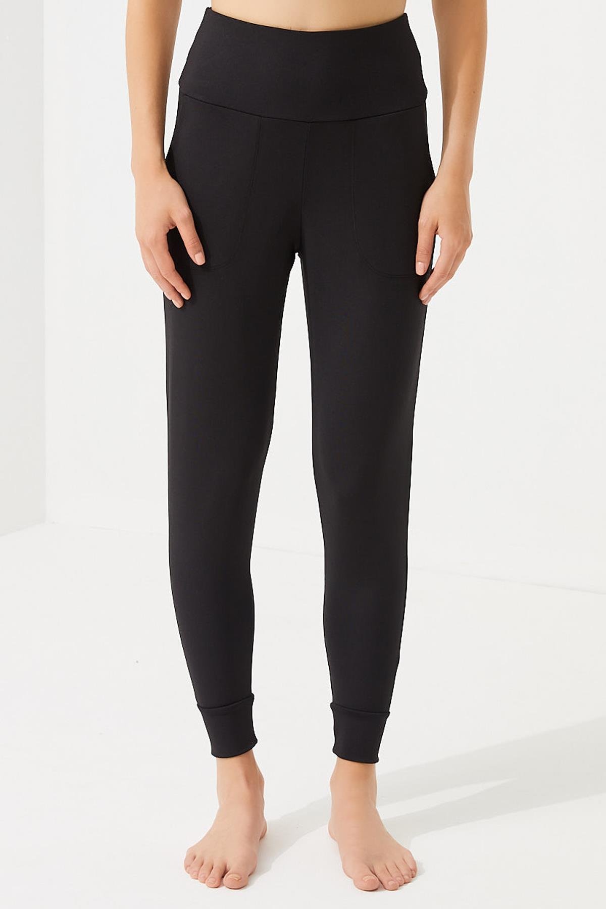 Siyah Yüksek Bel Kadın Çift Cepli Jogger Eşofman Altı