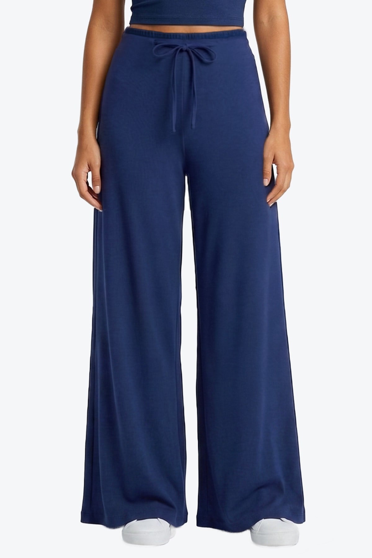 Lacivert Viskon Basic Yüksek Bel Bol Paça Bağcıklı Kadın Pantolon