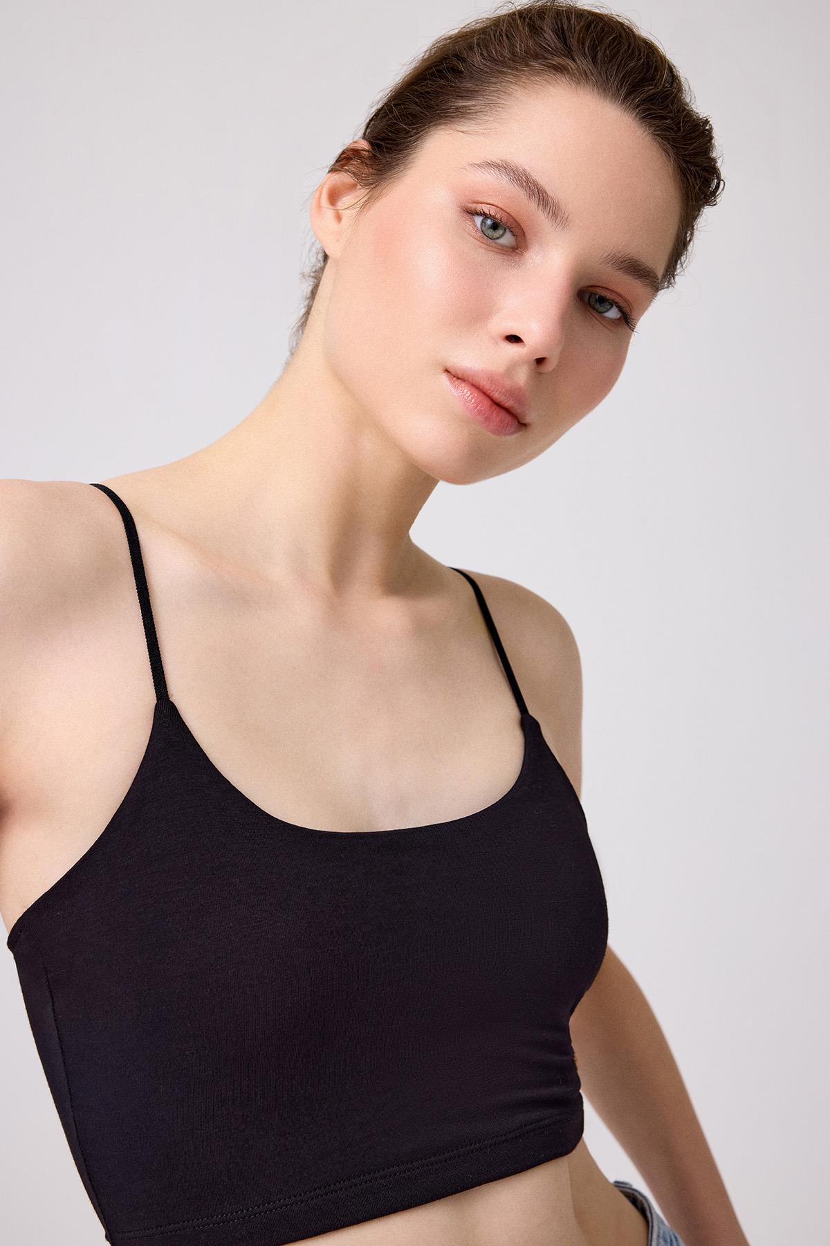 Pamuklu İnce Askılı Kadın Crop Top Büstiyer 2li Paket