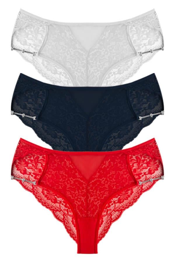 Transparan Tüllü Dantel ve Zincir Detaylı Büyük Beden Kadın Bikini Külot 3lü Paket