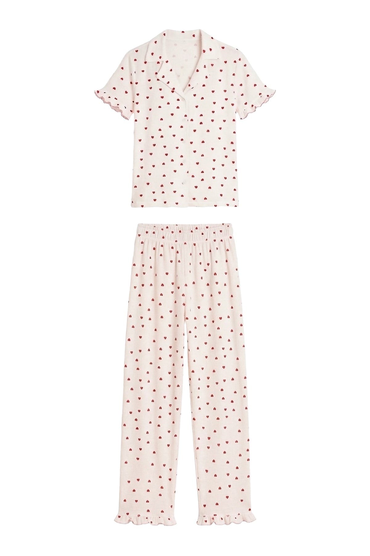 Krem Kalp Desenli Bürümcük Gömlek Yaka Kadın Pijama Takımı