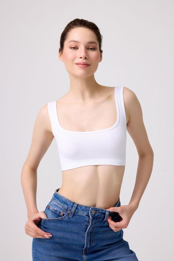 Cottonhill Premium - Kadın Beyaz Seamless Kare Yaka Crop Top Büstiyer