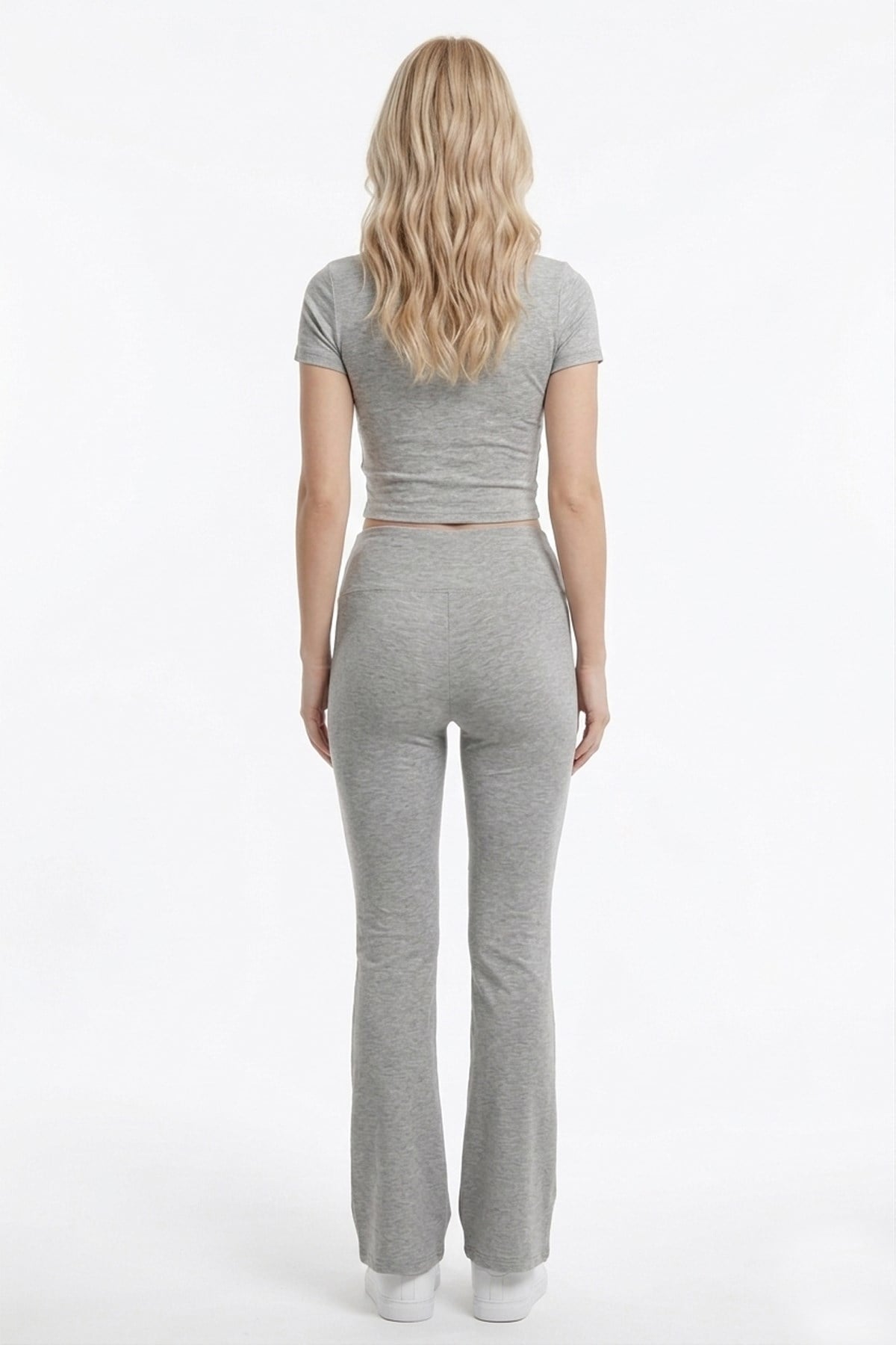 Gri Melanj Viskon Yüksek Bel Önü Büzgülü İspanyol Paça Kadın Pantolon Flared