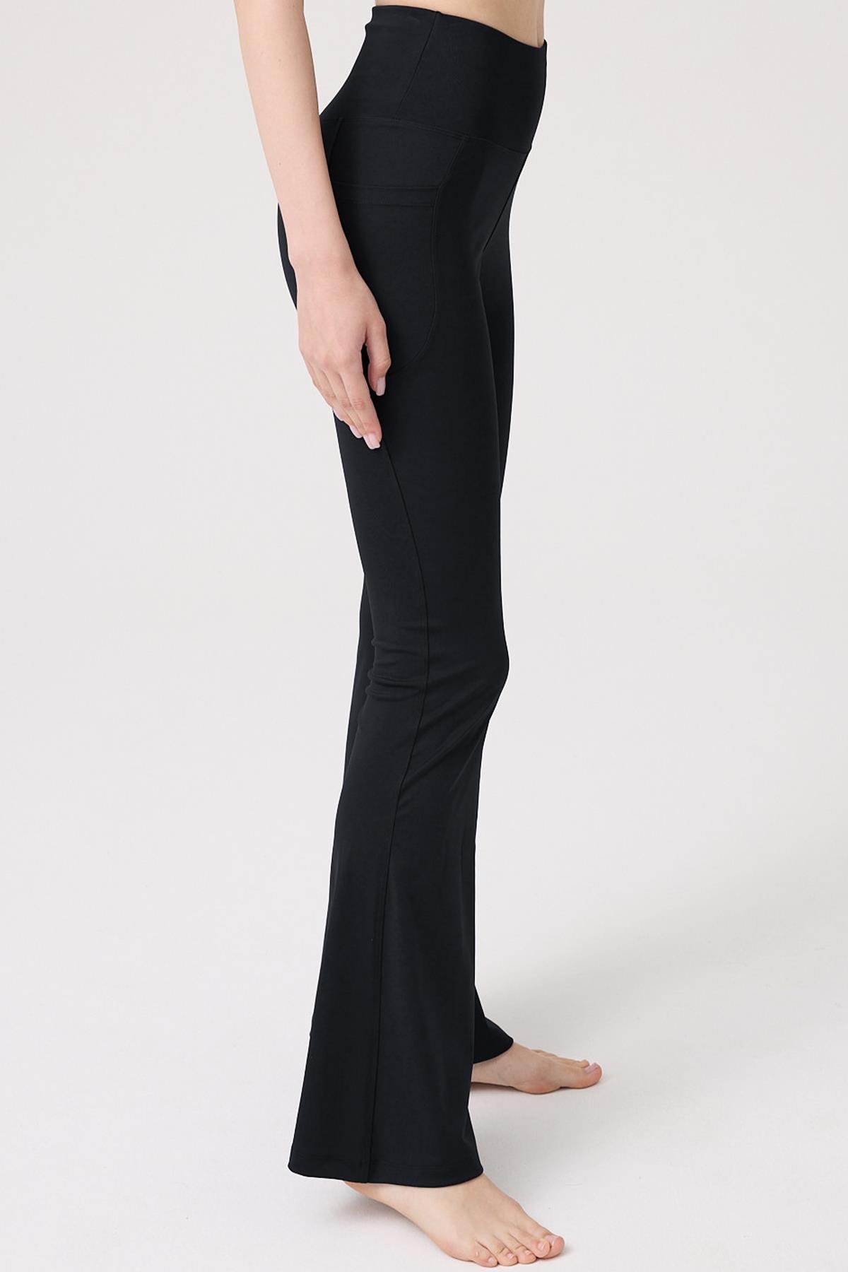 Siyah Şardonlu Yüksek Bel İspanyol Paça Kadın Tayt