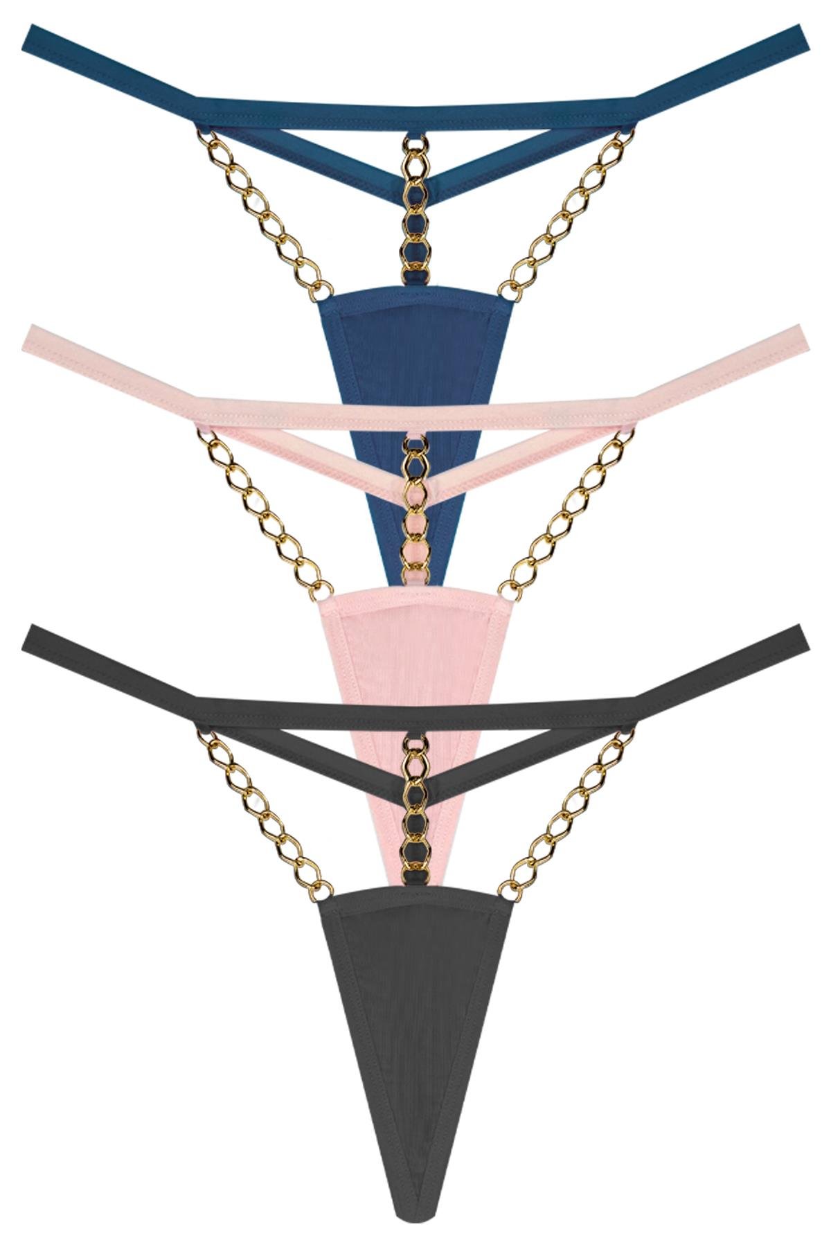 Tüllü Zincir Detaylı Kadın String Külot 3lü Paket
