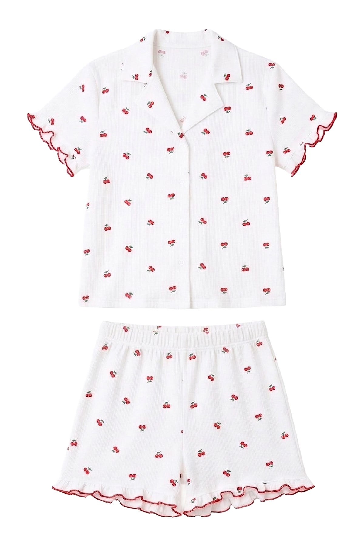 Beyaz Kiraz Desenli Bürümcük Gömlek Yaka Kadın Şortlu Pijama Takımı