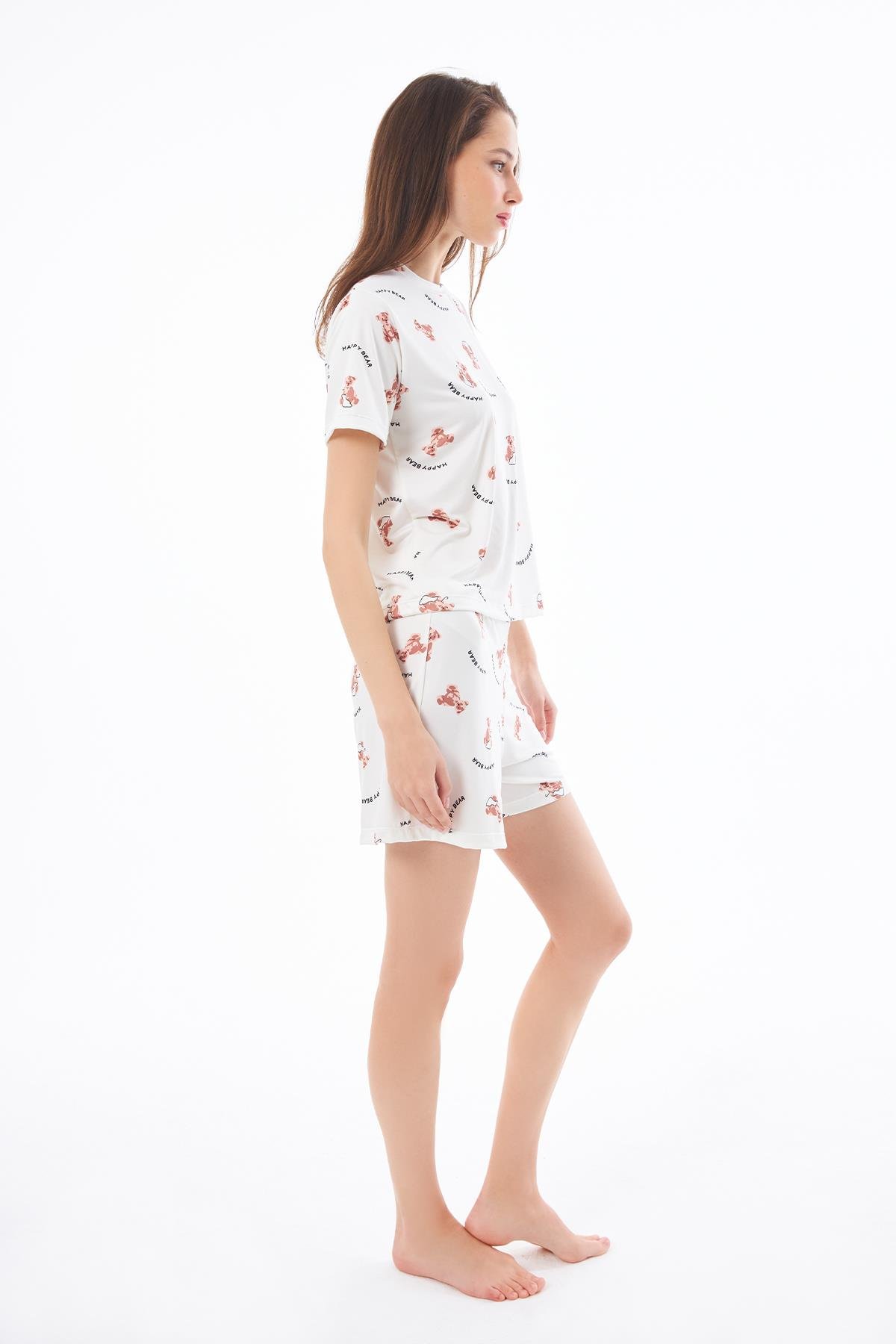 Premium  Şortlu Kadın Pijama Takımı Ayıcık Desenli Yumuşak Dokulu Bisiklet Yaka Kısa Kollu