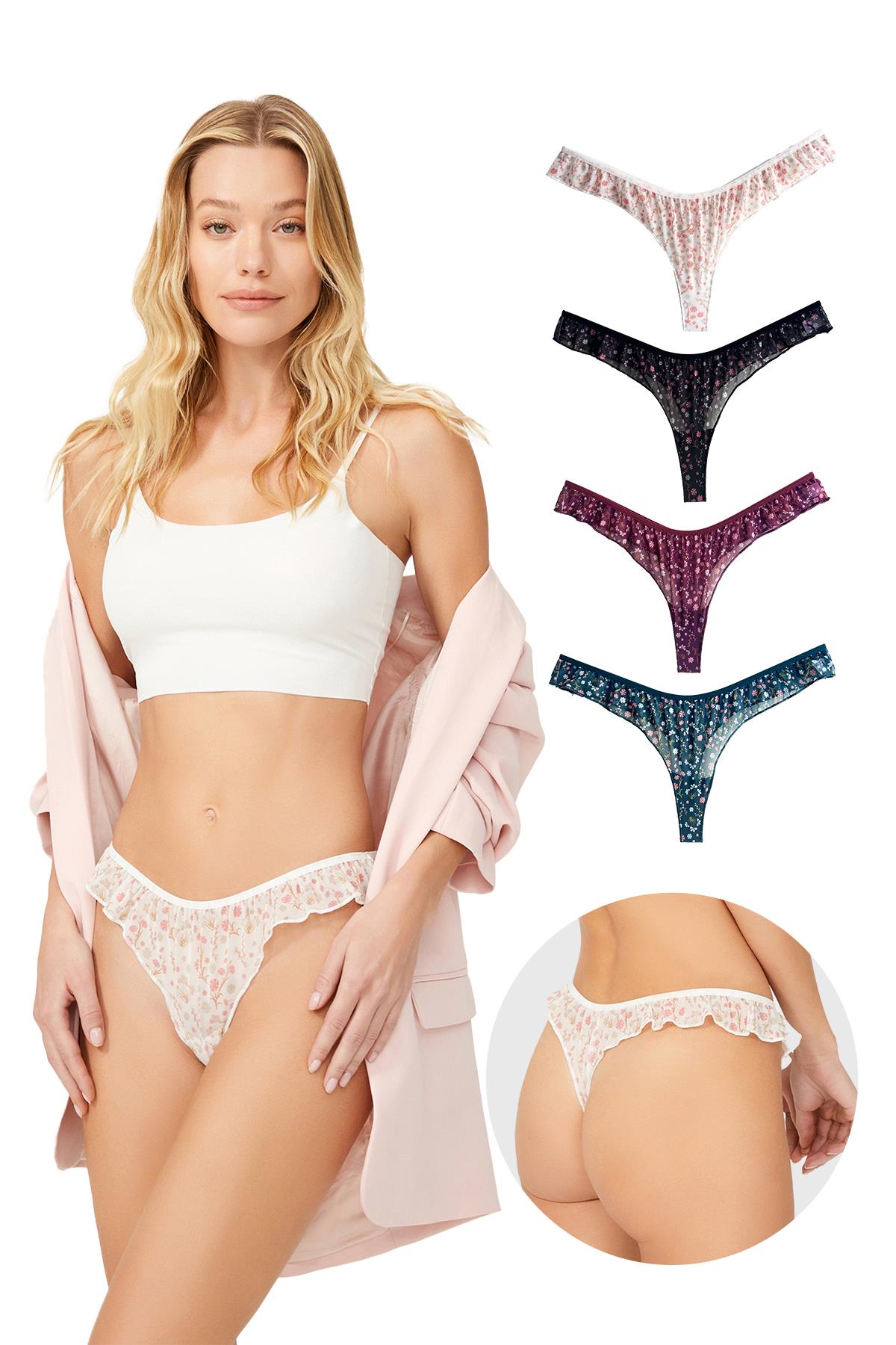 Çiçek Desenli Tül Kenarları Fırfırlı Tanga 4lü Paket Külot