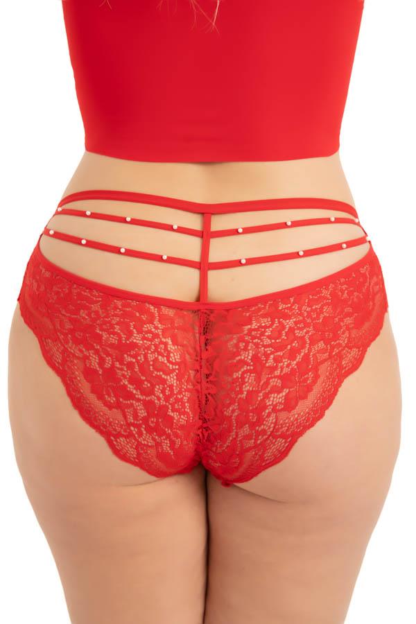 Transparan Tüllü Dantel ve Taş Detaylı Büyük Beden Kadın Bikini Külot 3lü Paket