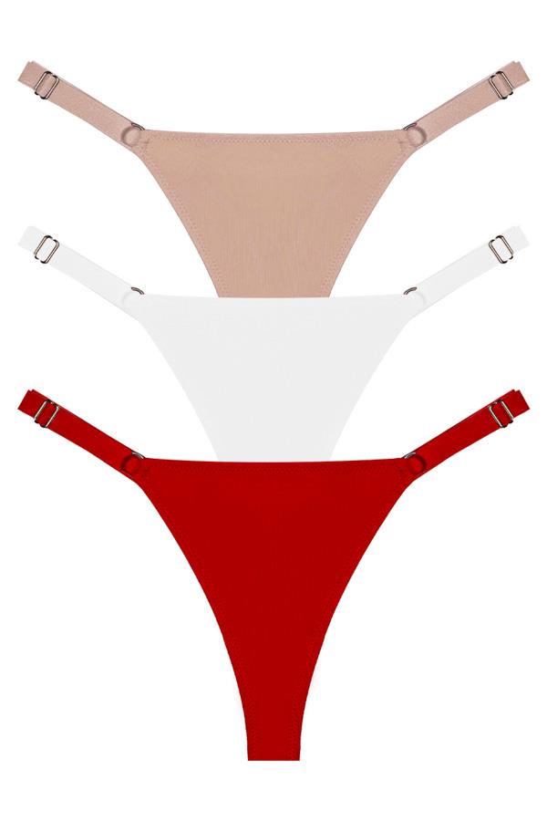 Halka Detaylı Ayarlanabilir Lastikli Kadın Tanga Külot 3lü Paket
