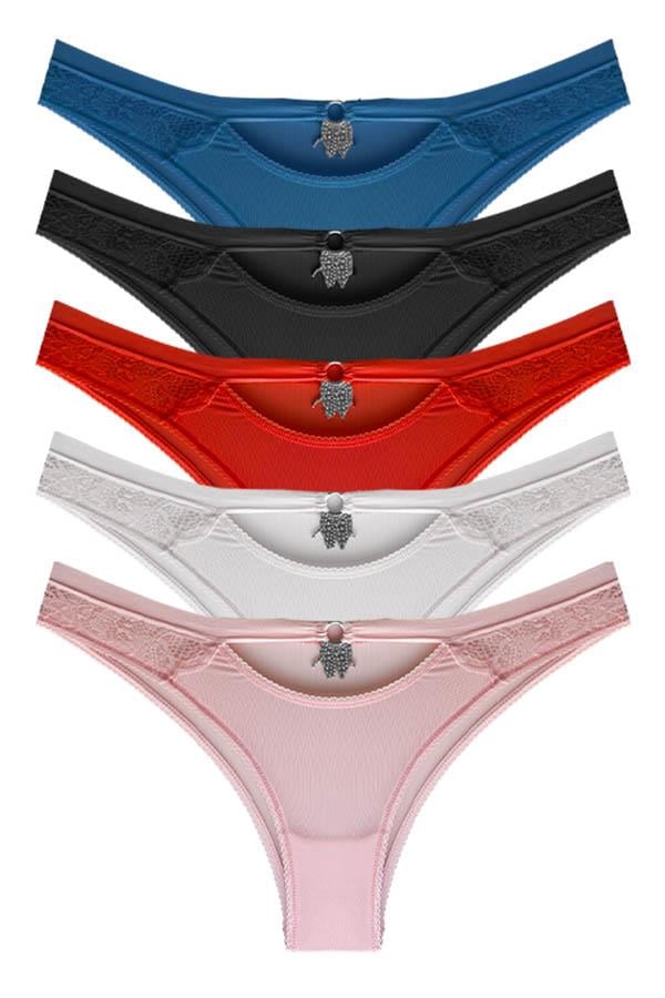 Transparan Tül Dantel ve Taş Detaylı Kadın Brezilya Külot 5li Paket