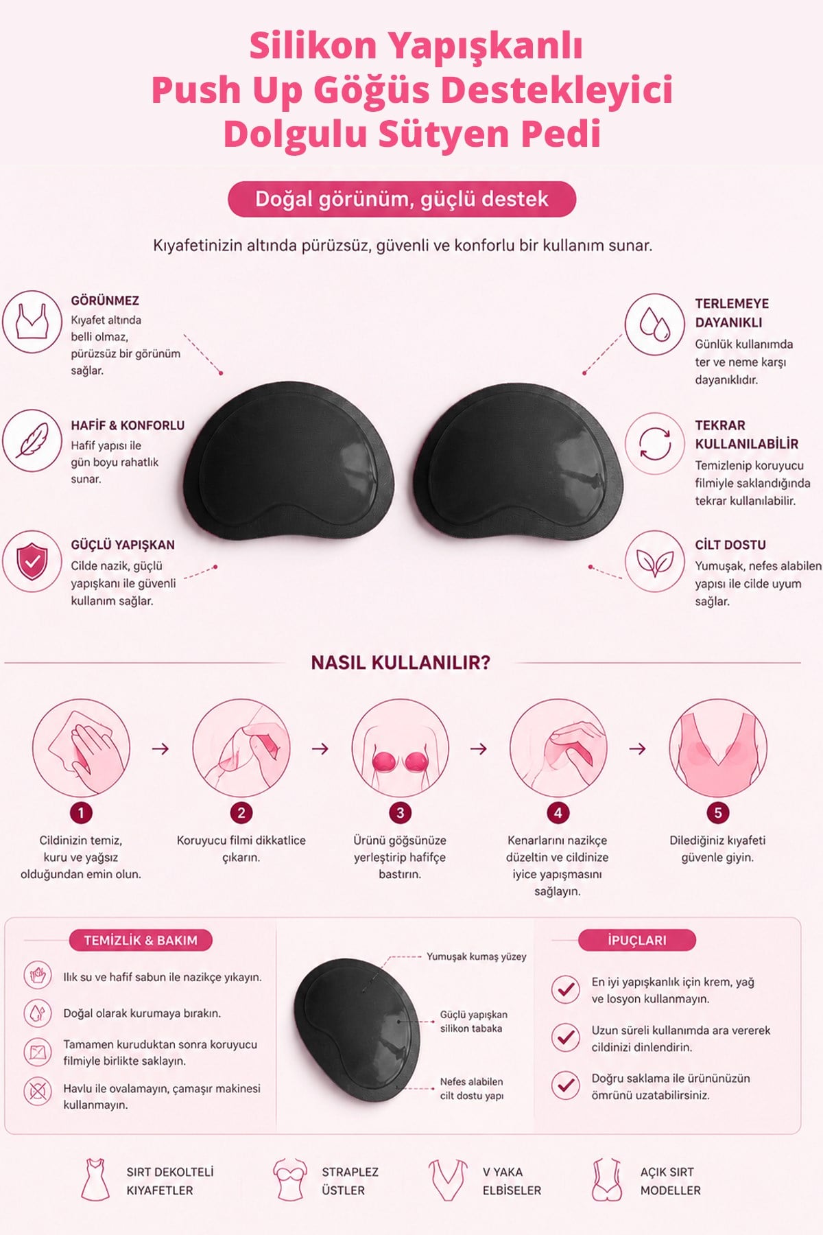 Siyah Silikon Yapışkanlı Push Up Göğüs Destekleyici Dolgulu Sütyen Pedi