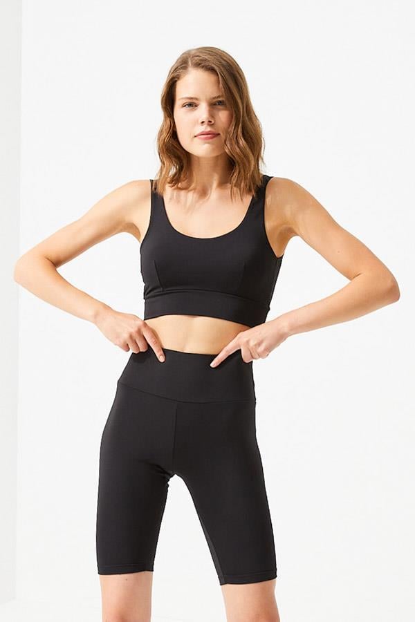 Siyah Toparlayıcı Yüksek Bel Kadın Bisikletçi Şort Tayt