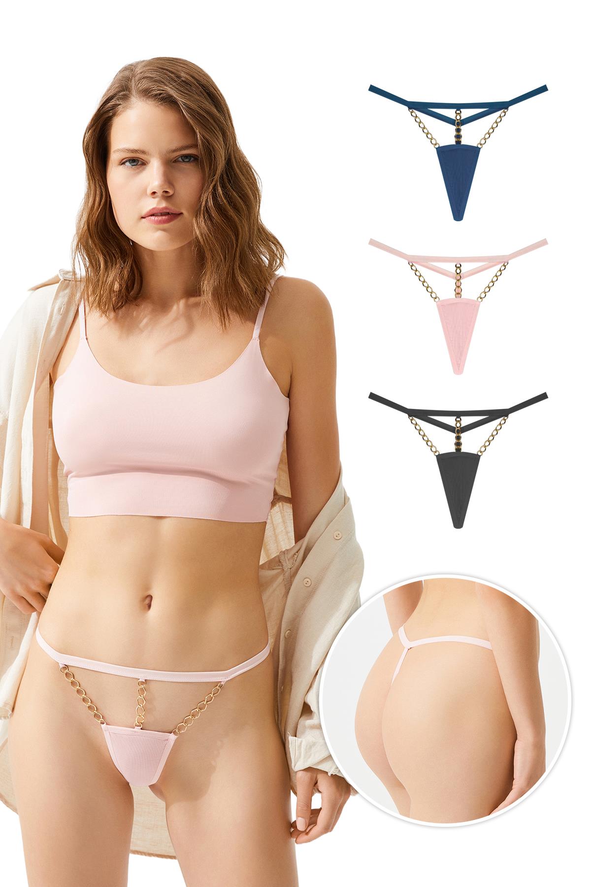 Tüllü Zincir Detaylı Kadın String Külot 3lü Paket