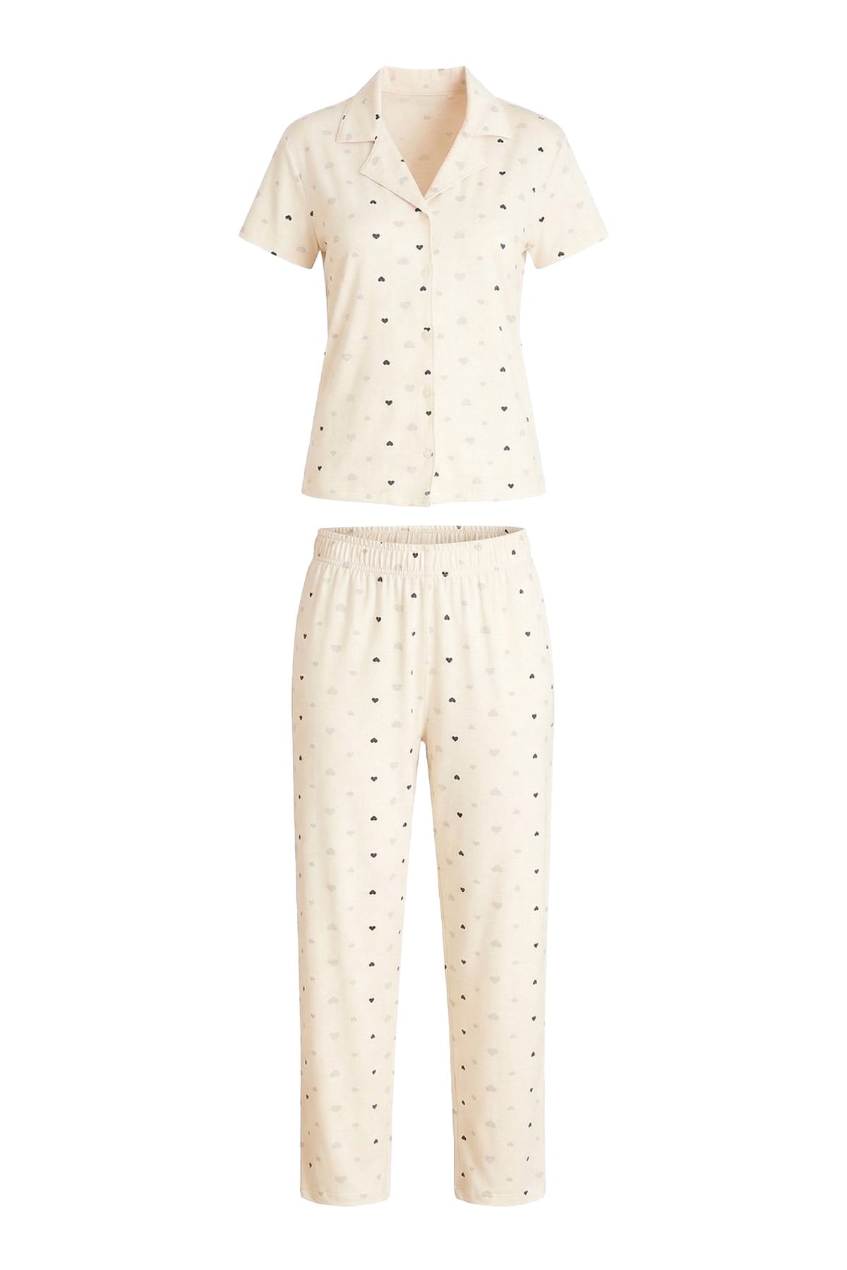 Krem Kalp Desenli Yumuşak Dokulu Gömlek Yaka Kadın Pijama Takımı