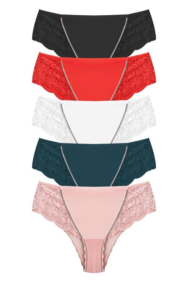 Transparan Tüllü Dantel Detaylı Büyük Beden Kadın Bikini Külot 5li Paket