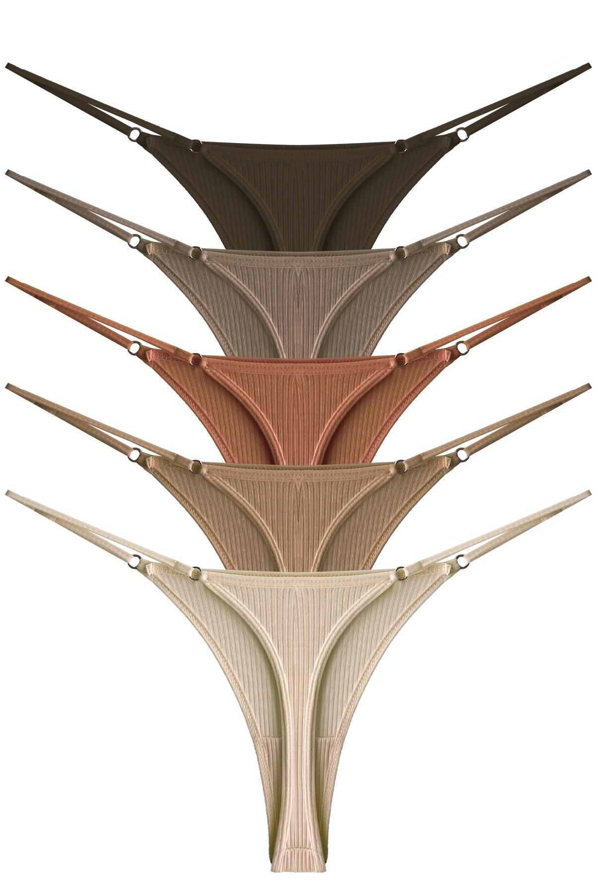 Pamuklu ve Likralı Ayarlanabilir Lastikli Kaşkorse Fitilli Kadın Tanga Külot 5li Paket-2