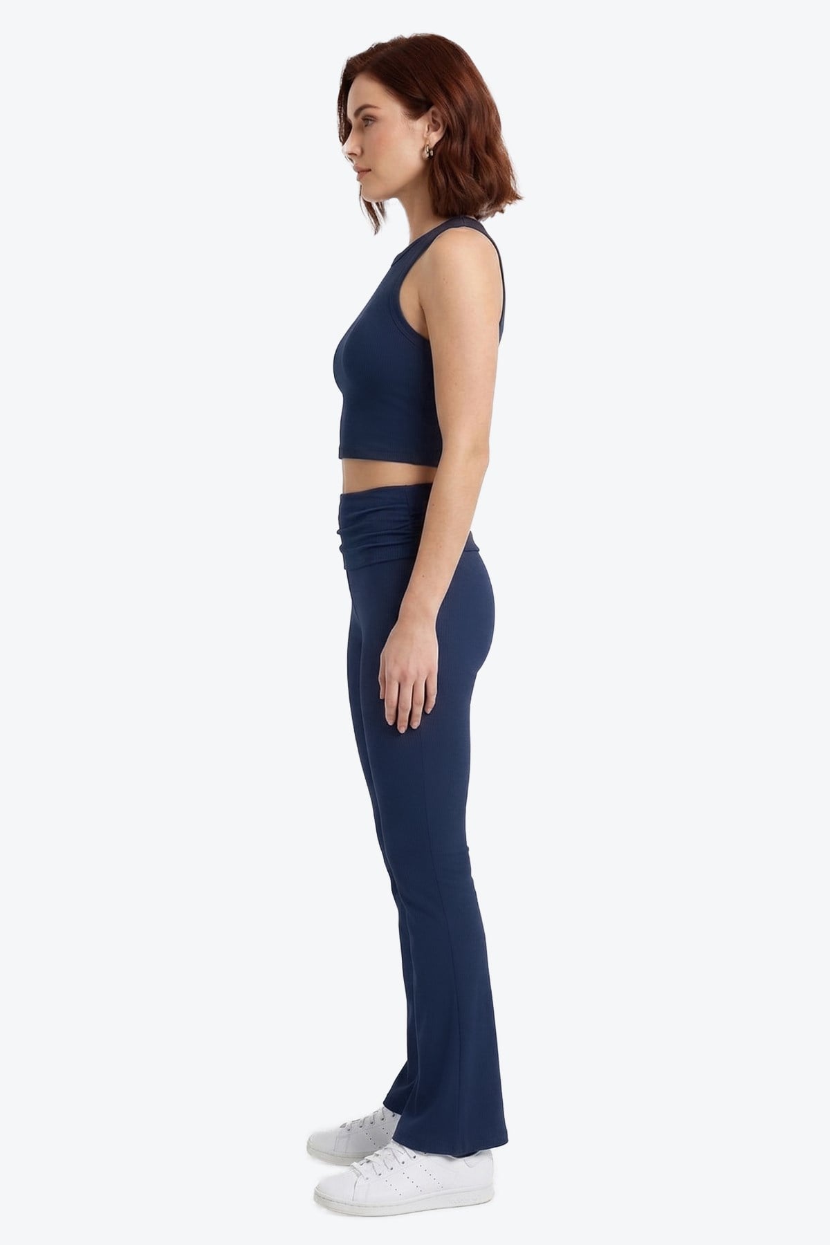 Lacivert Viskon Yüksek Bel Kemer Detaylı İspanyol Paça Kadın Pantolon Flared