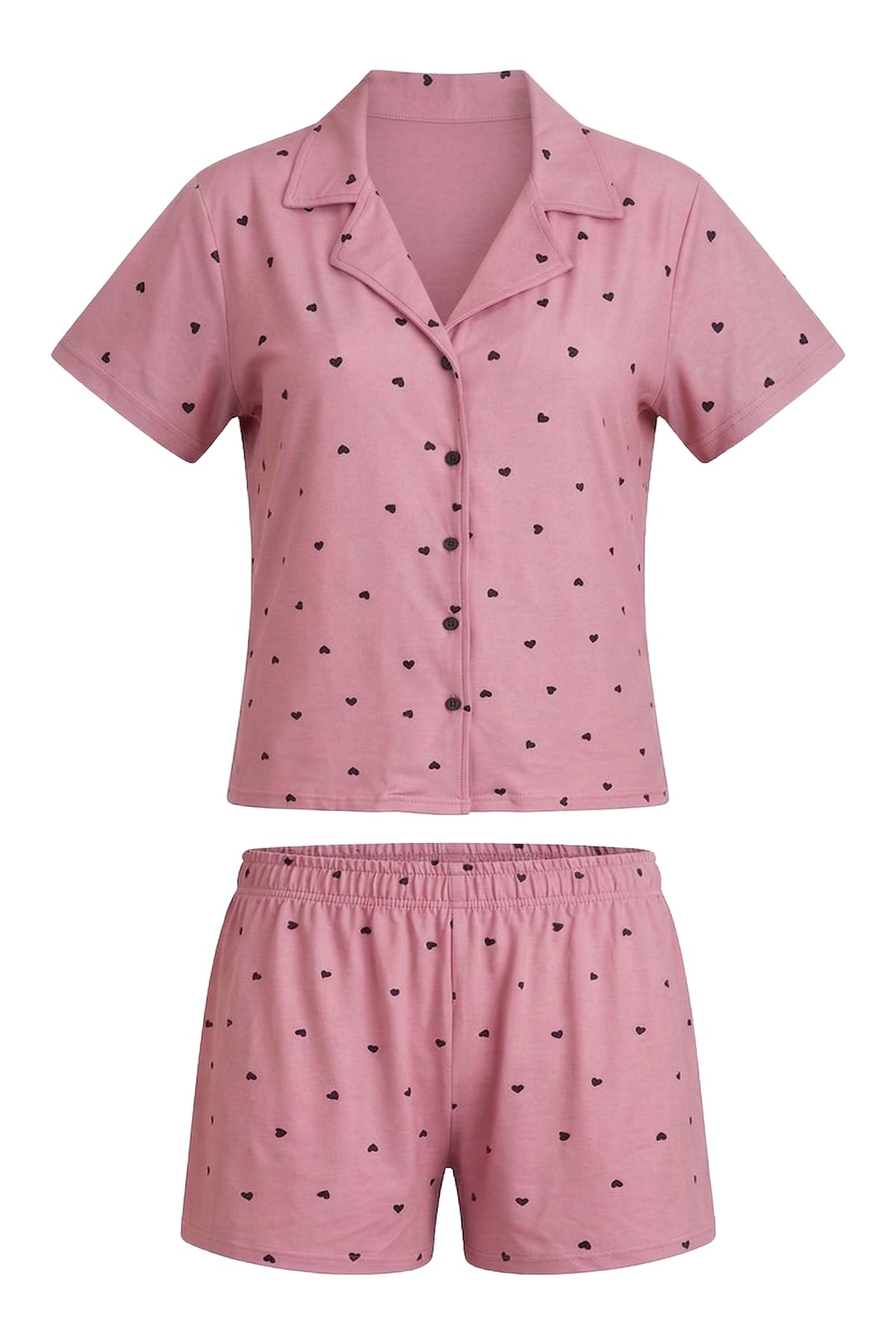 Pembe Kalp Desenli Yumuşak Dokulu Gömlek Yaka Kadın Şortlu Pijama Takımı