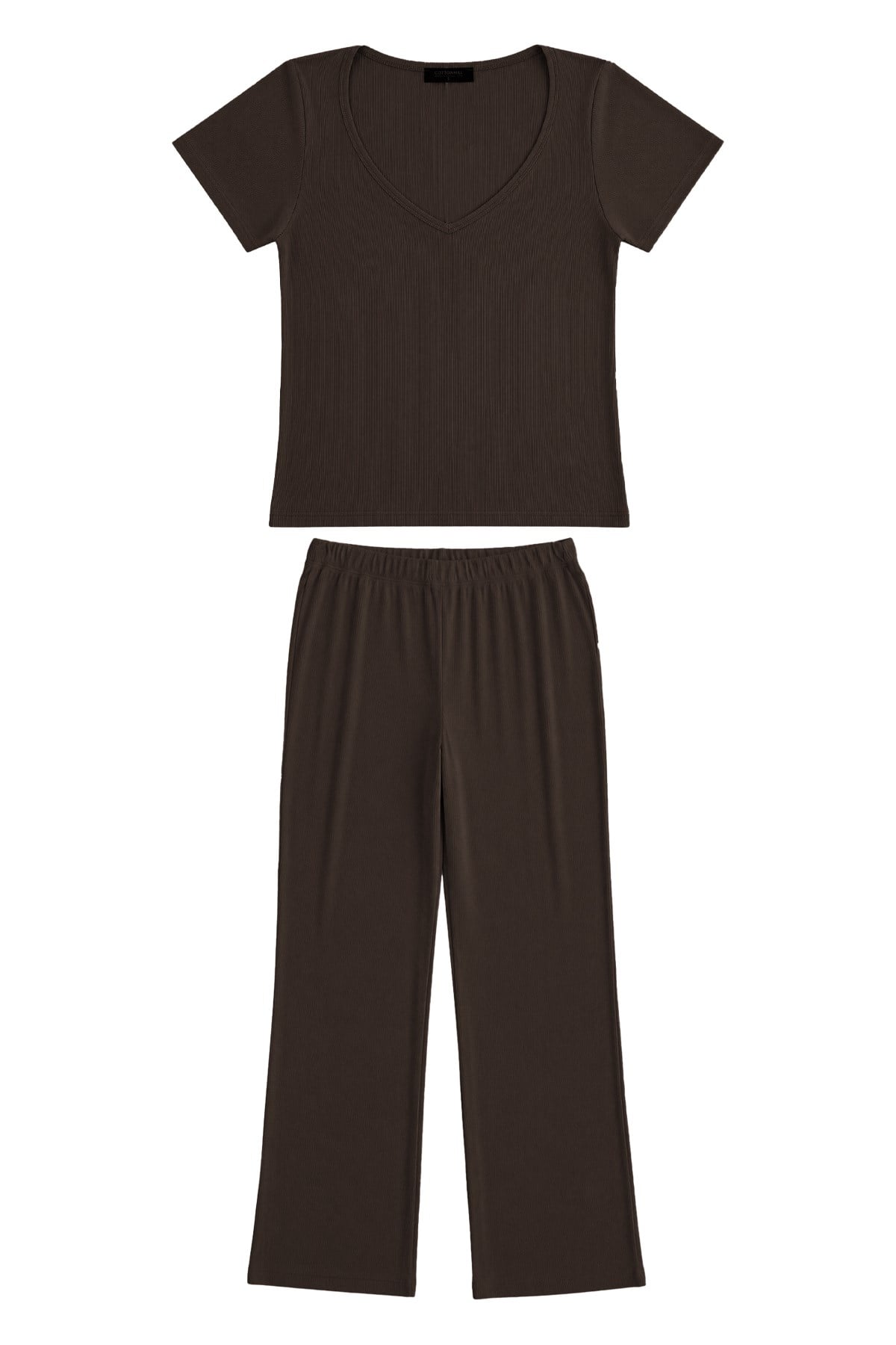 Premium - Neat Collection | Kahverengi Rib Dokulu V Yaka Modal Viskon Bol Paça Kadın Pijama Takımı