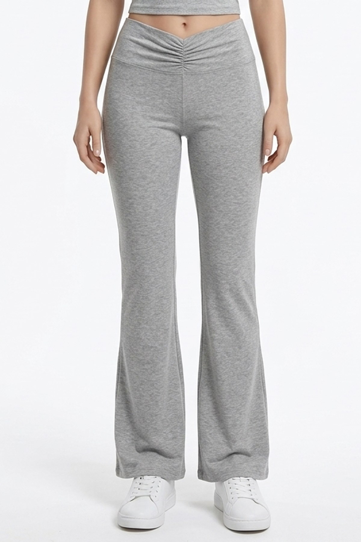 Gri Melanj Viskon Yüksek Bel Önü Büzgülü İspanyol Paça Kadın Pantolon Flared